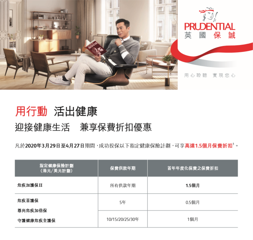 香港保诚 prudential 2020年4月保费优惠活动！